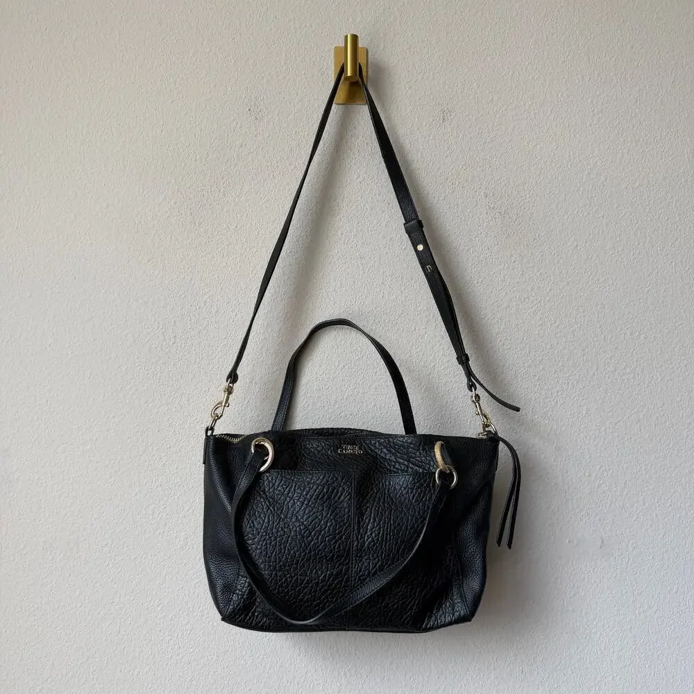 Vince Camuto Raya Black Pebbled Leather Tote Satchel Bag